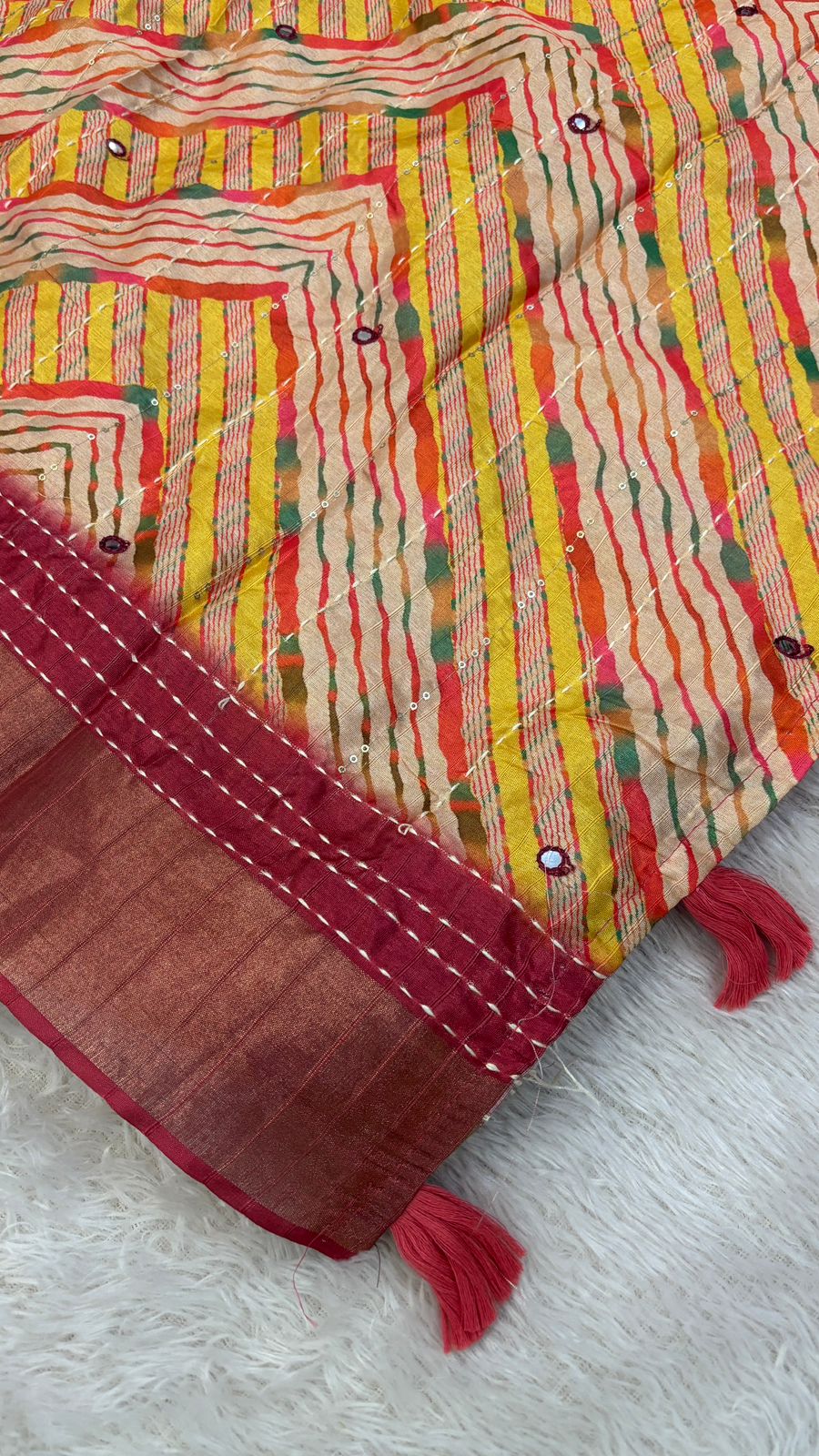 Katha Work + Mirror Work Designer Lehariya Saree
