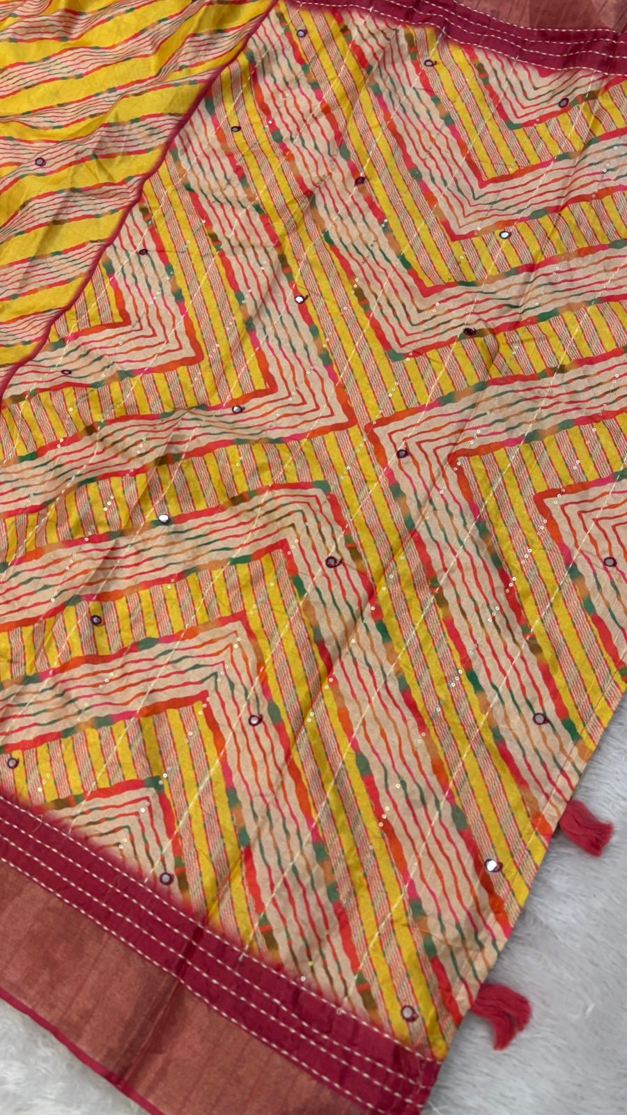 Katha Work + Mirror Work Designer Lehariya Saree