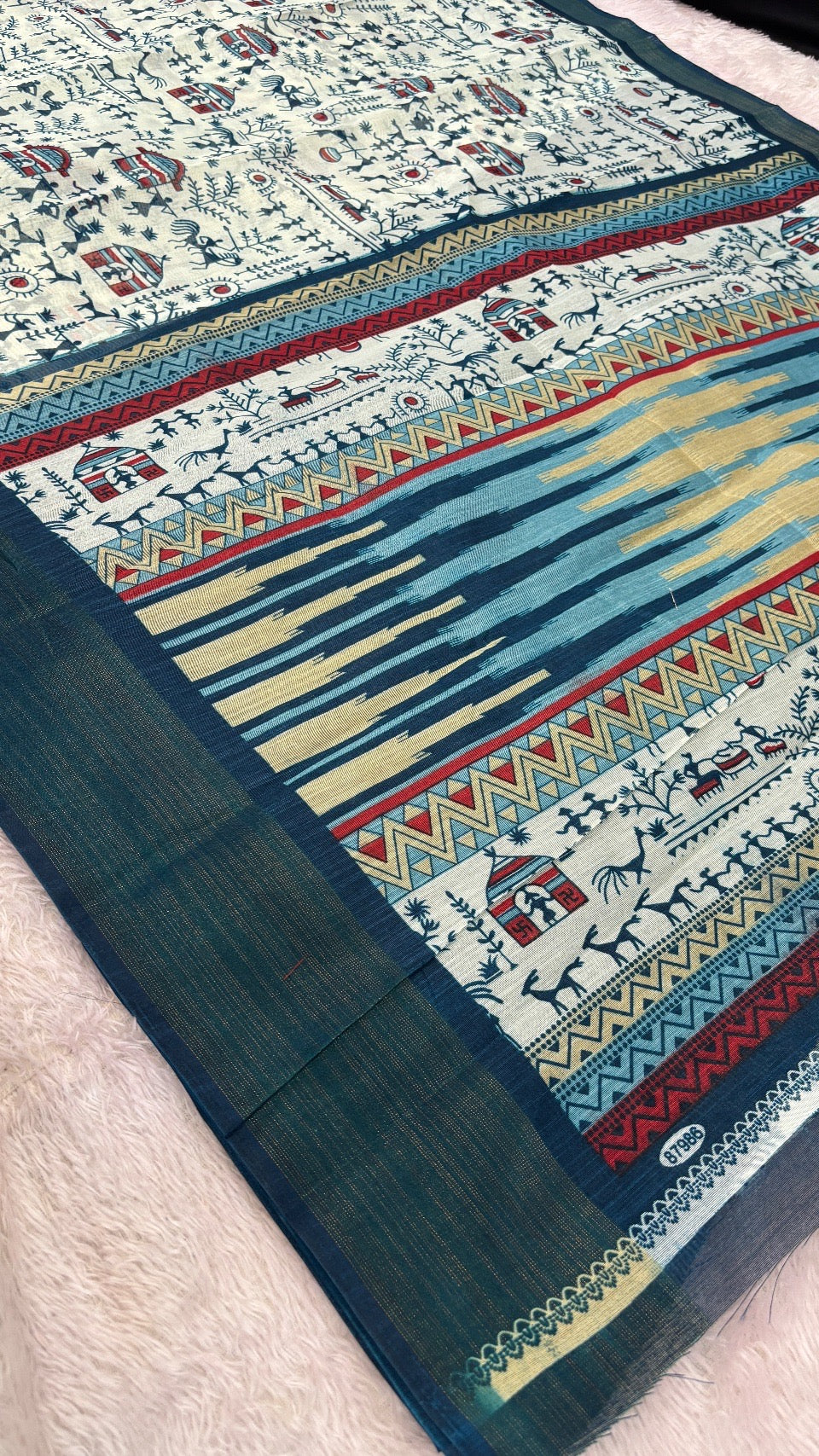 SUMMER SALE Warli Print Cotten Saree (Rama)