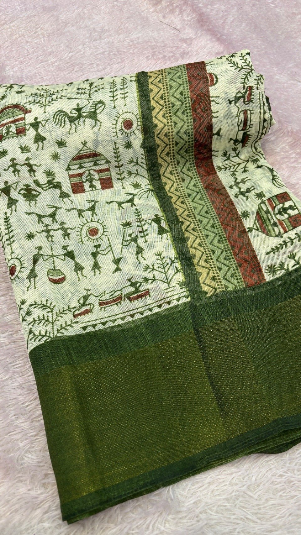 SUMMER SALE Warli Print Cotten Saree (Mehandi)