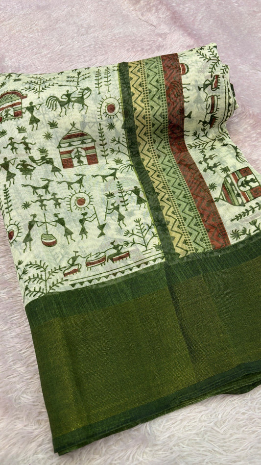 SUMMER SALE Warli Print Cotten Saree (Mehandi)