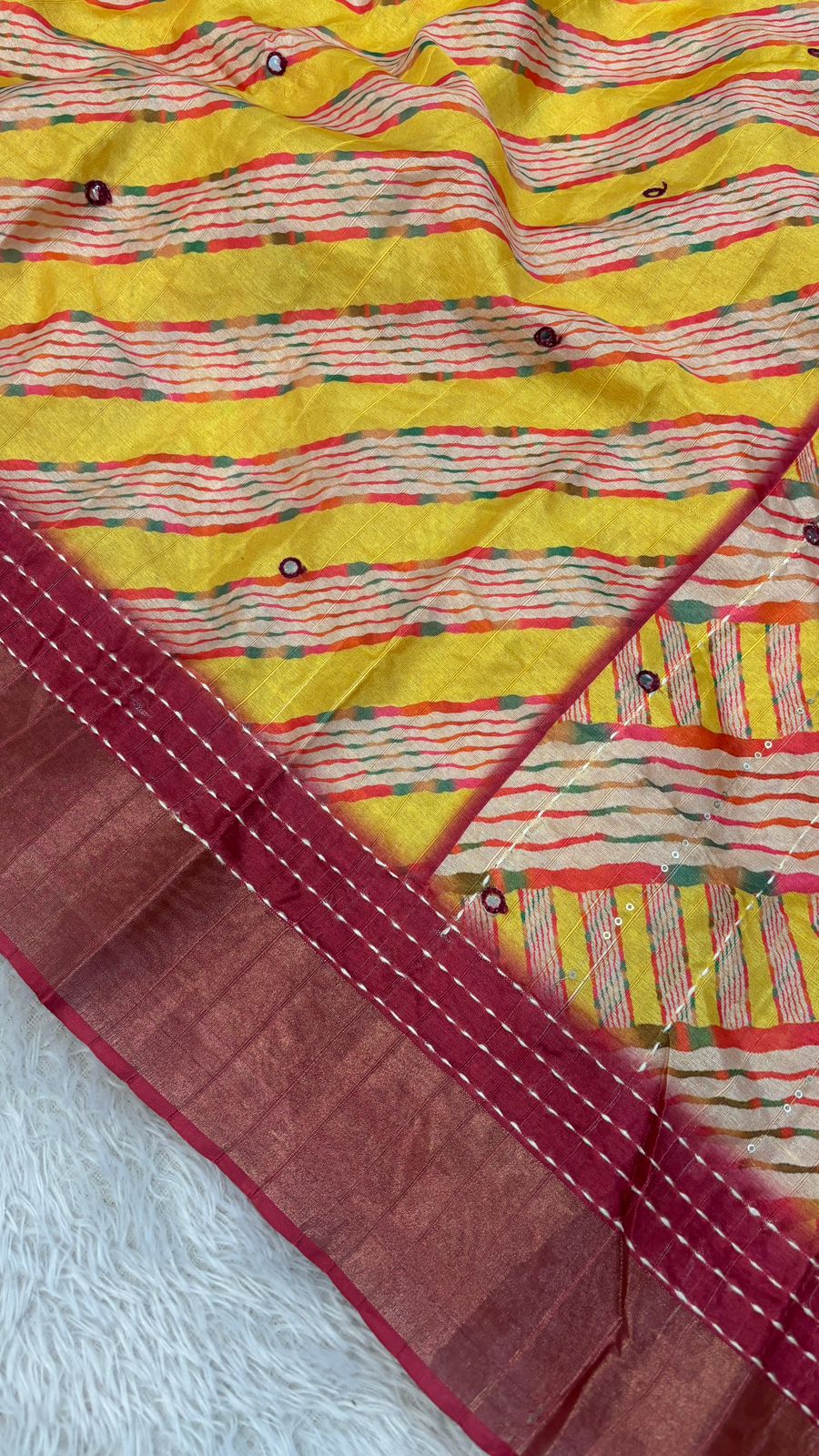 Katha Work + Mirror Work Designer Lehariya Saree