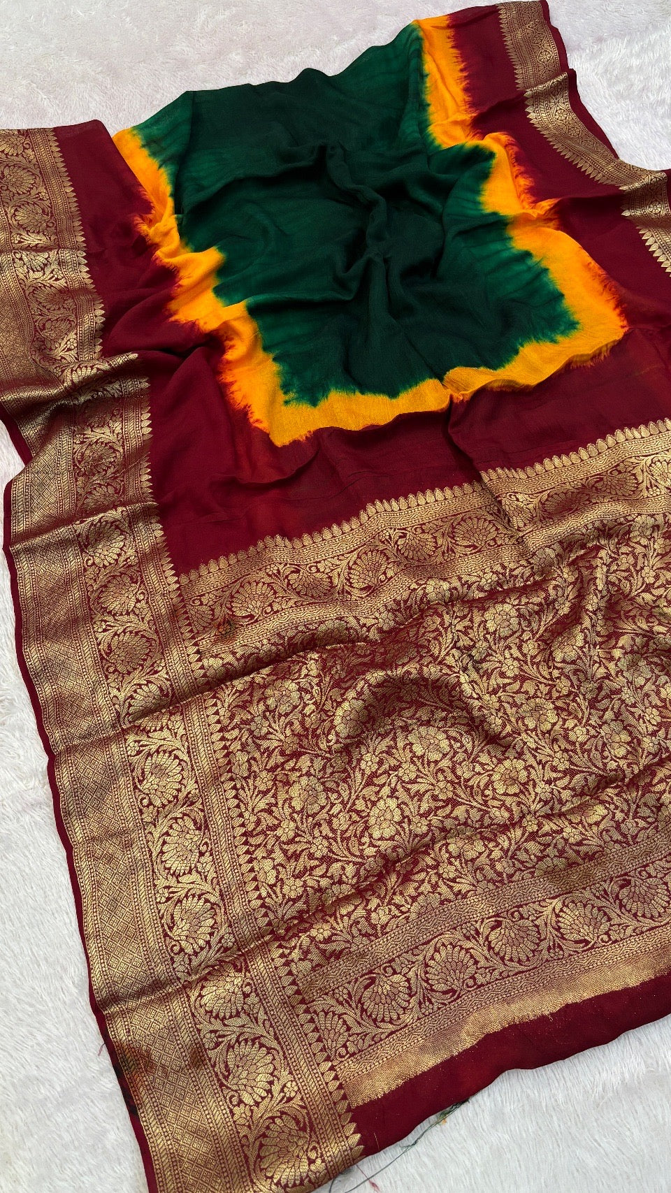 Royal Banarasi 3D Bandhani Saree (Green)