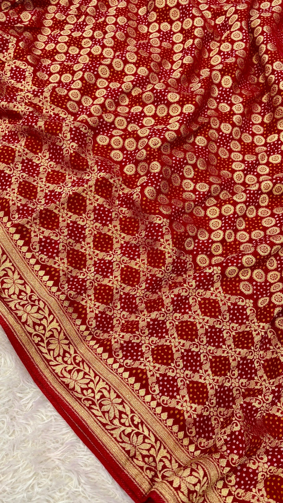 Traditional Khadi Georgette Banarasi Bandhej Saree (Red/Rani) 2