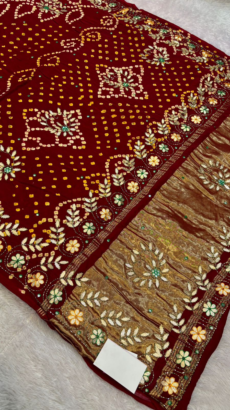 Pure Gaji Silk Handbandhej Gottapatti work Saree (Maroon)