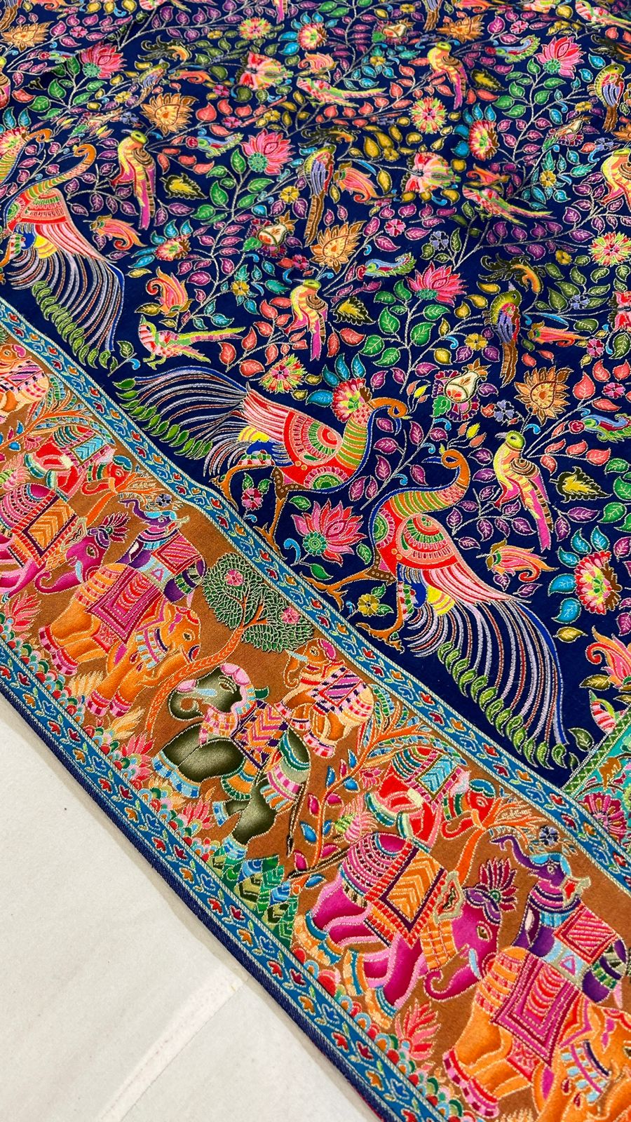 Pure Hand Weaving Kalamkari Saree (Blue Jaal)