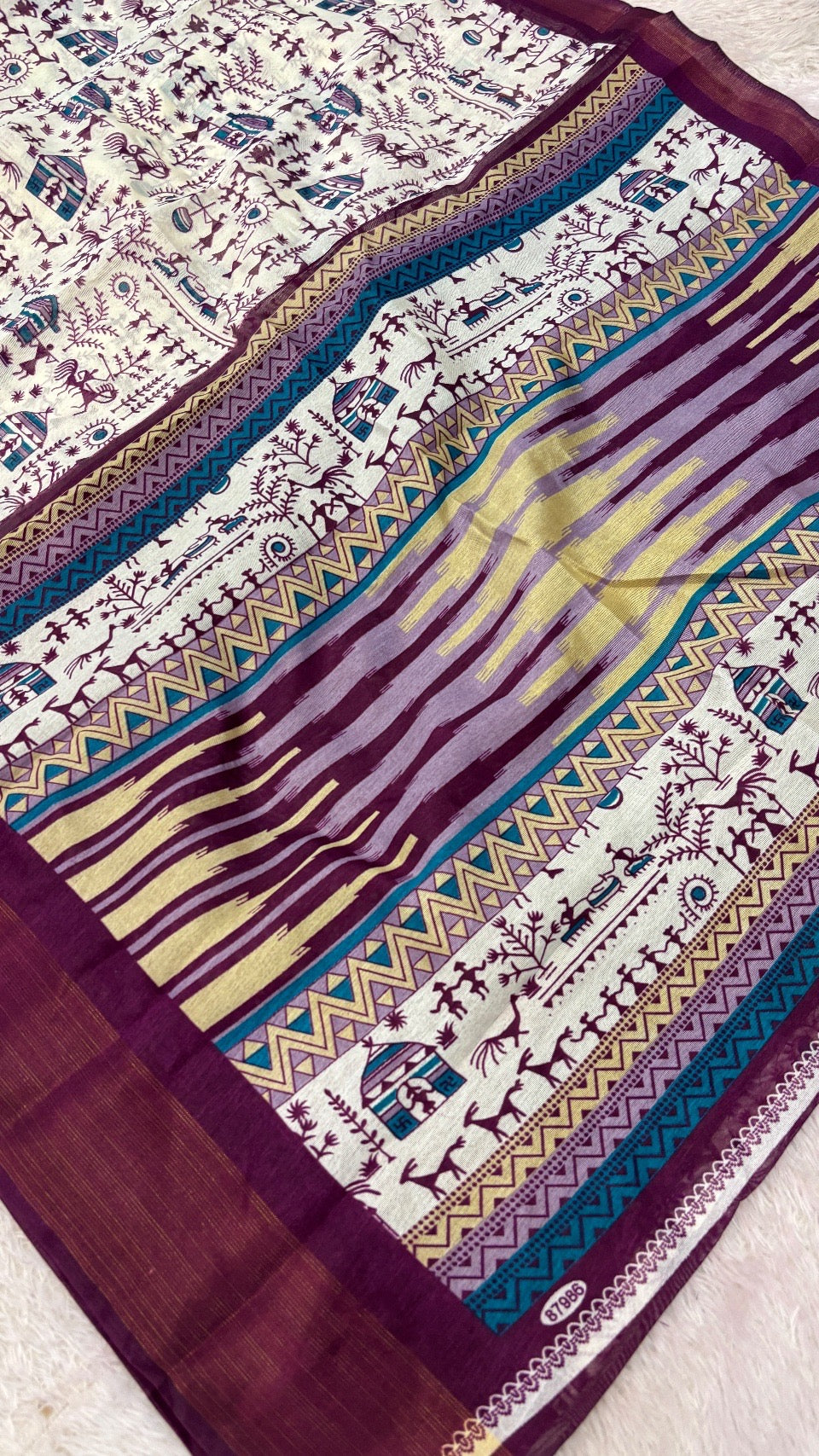 SUMMER SALE Warli Print Cotten Saree (Wine)