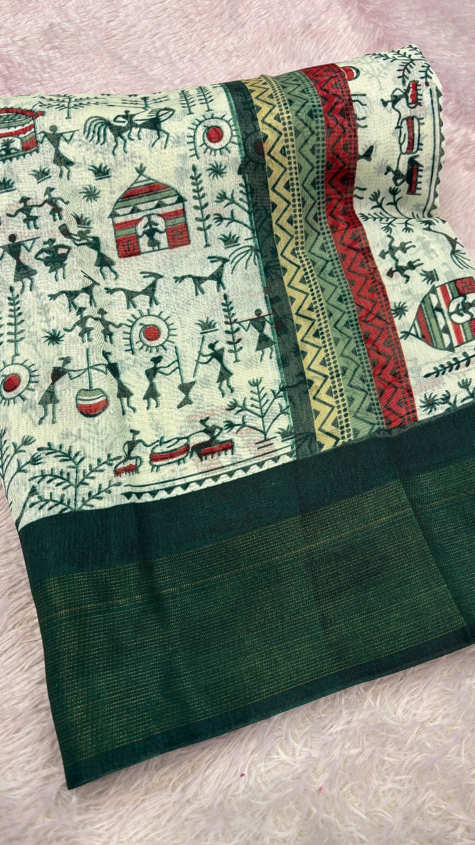 SUMMER SALE Warli Print Cotten Saree (Green)