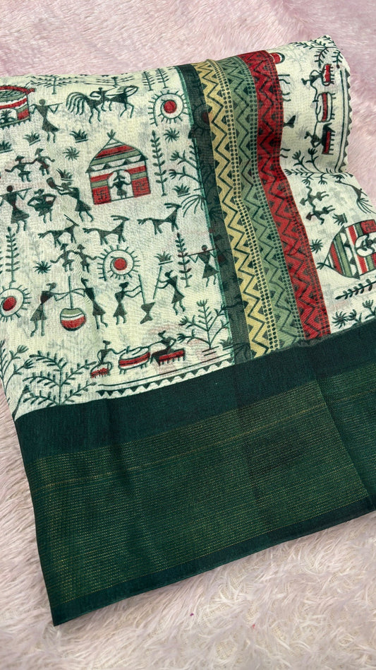 SUMMER SALE Warli Print Cotten Saree (Green)