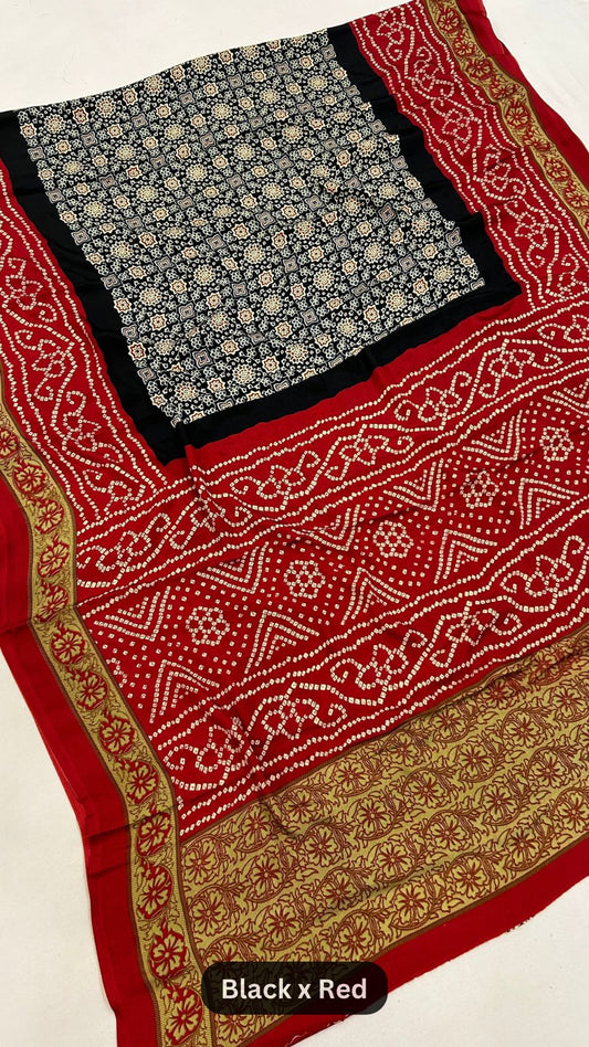Ajrakh Bandhani Crap Silk Saree