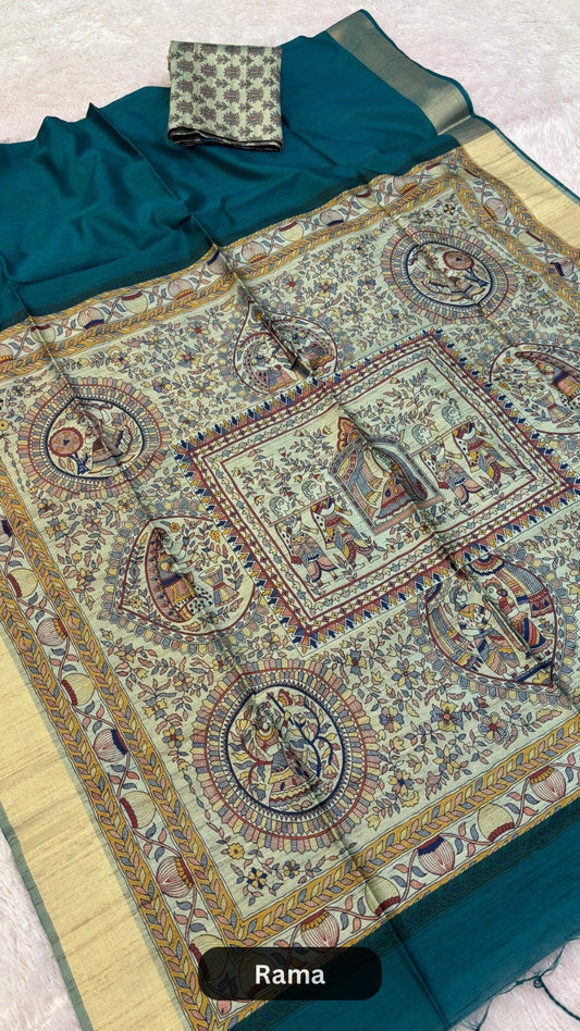 Madhubani Print Tusser Silk Saree