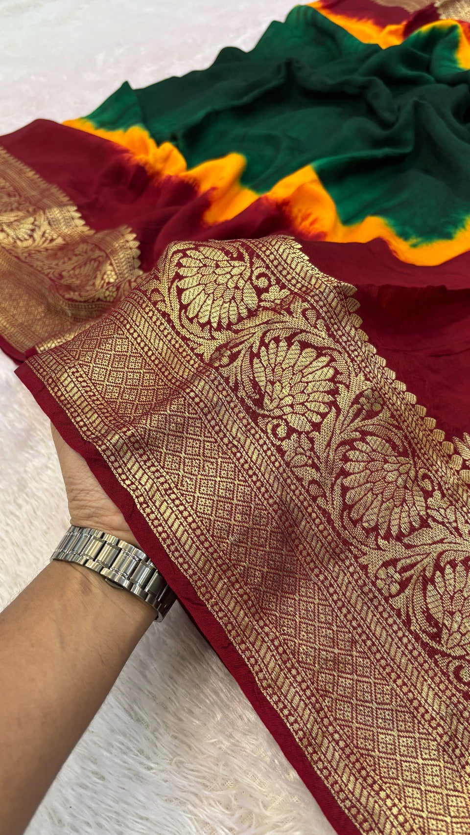 Royal Banarasi 3D Bandhani Saree (Green)