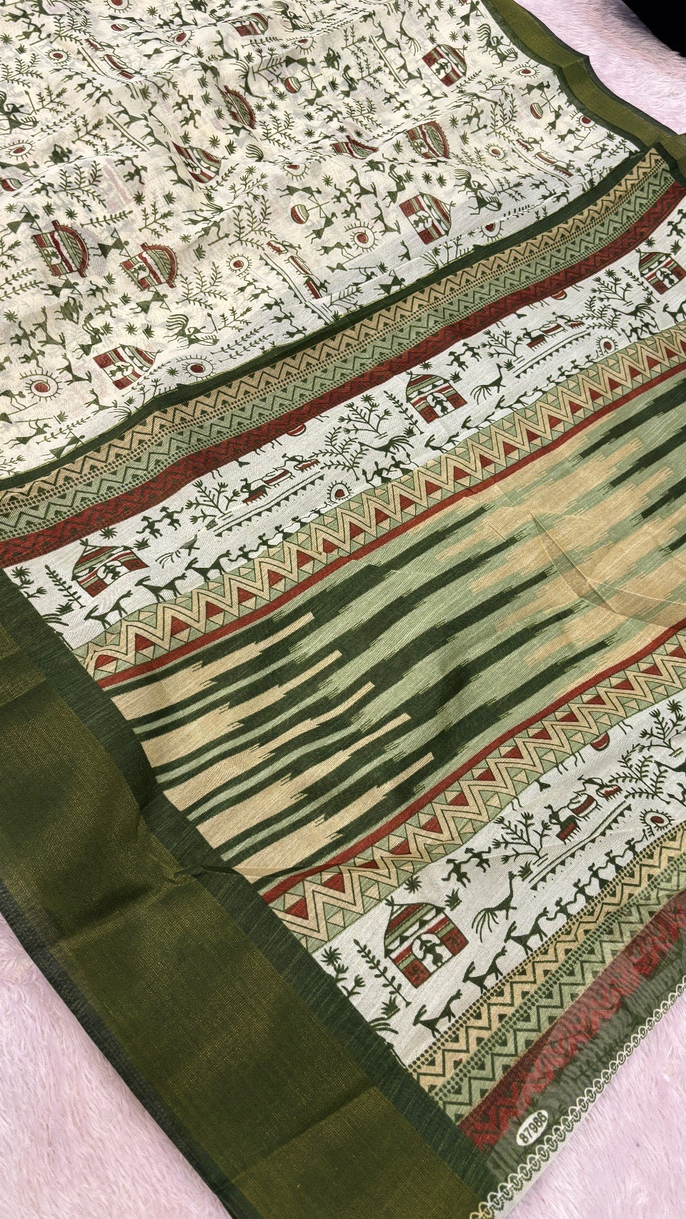 SUMMER SALE Warli Print Cotten Saree (Mehandi)