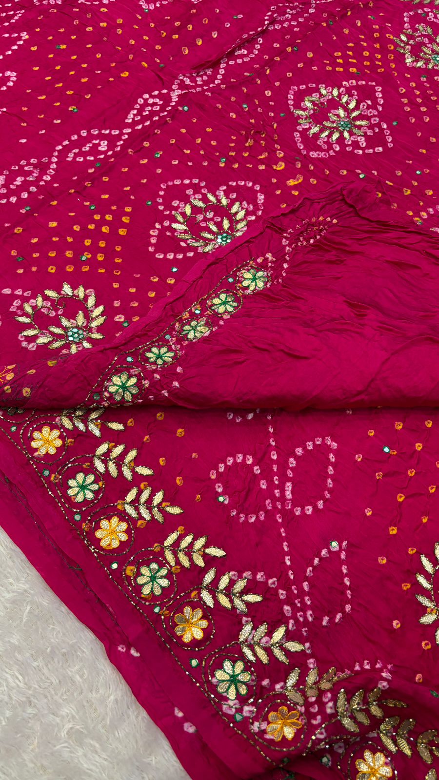 Pure Gaji Silk Handbandhej Gottapatti work Saree (Rani)