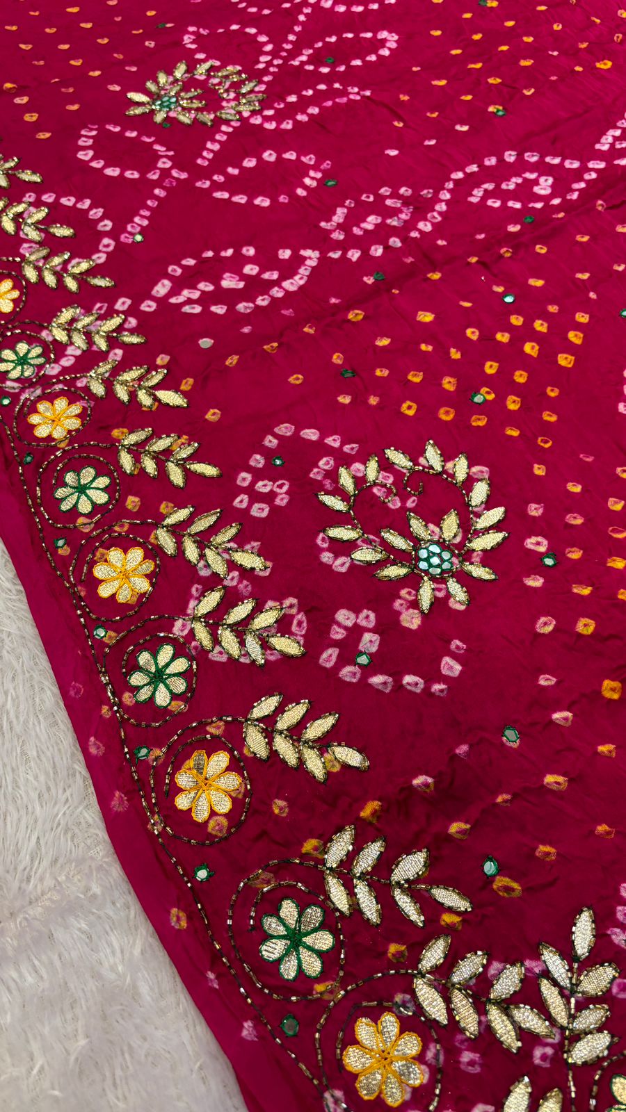 Pure Gaji Silk Handbandhej Gottapatti work Saree (Rani)