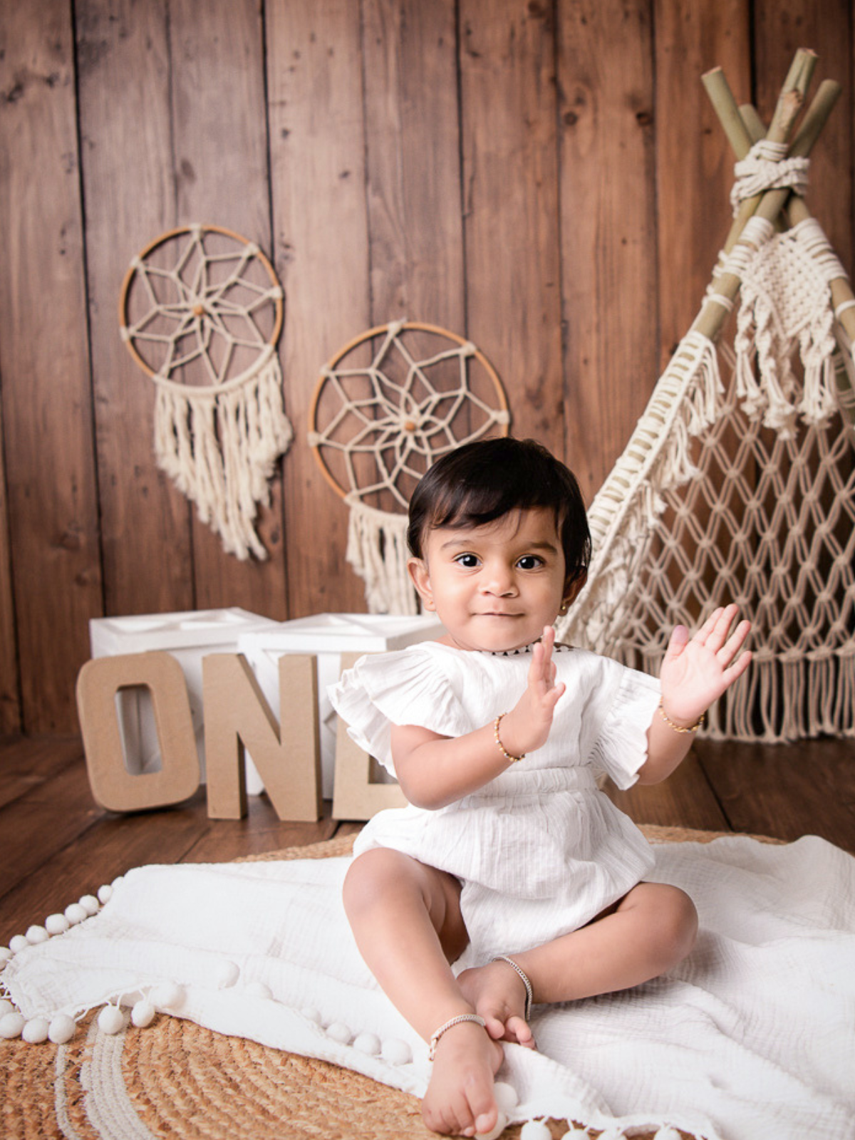 Halemons Kantha Cotton Frilled Romper, Diaper Opening & Back Straps - White
