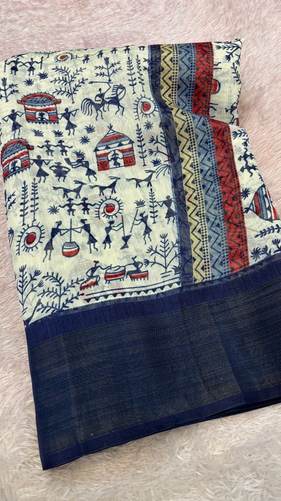 SUMMER SALE Warli Print Cotten Saree (Blue)