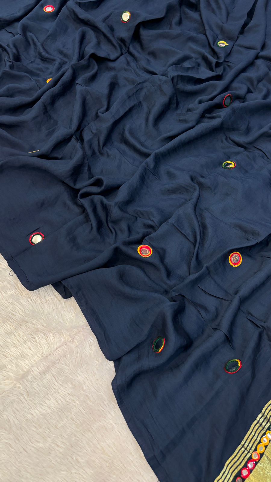 Semi Mirror Work Duppta With Lagadi Patta New - Navy Blue