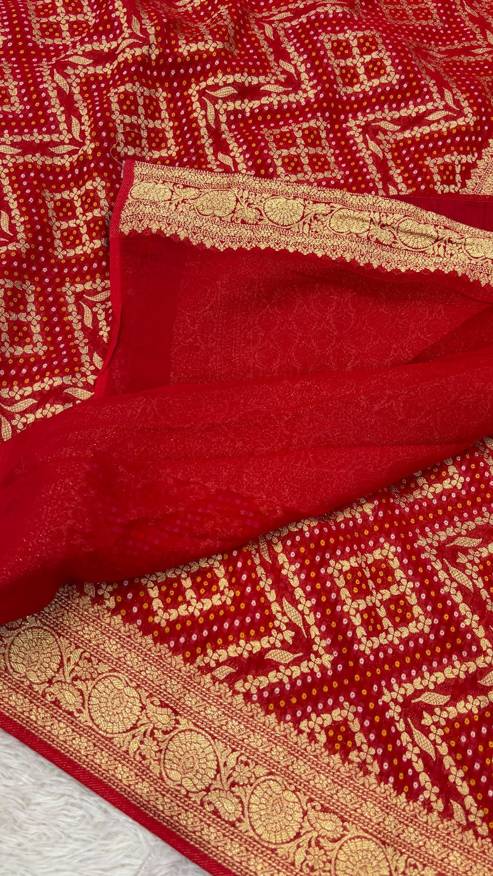 Traditional Khadi Georgette Banarasi Bandhej Saree (Red/Rani) 1