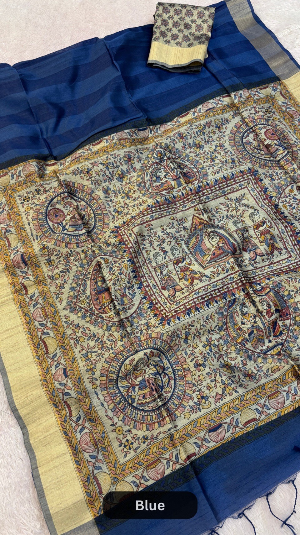 Madhubani Print Tusser Silk Saree