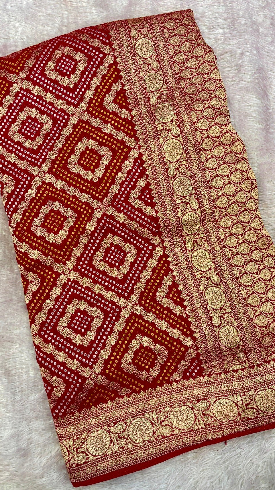 Traditional Khadi Georgette Banarasi Bandhej Saree (Red/Rani) 7