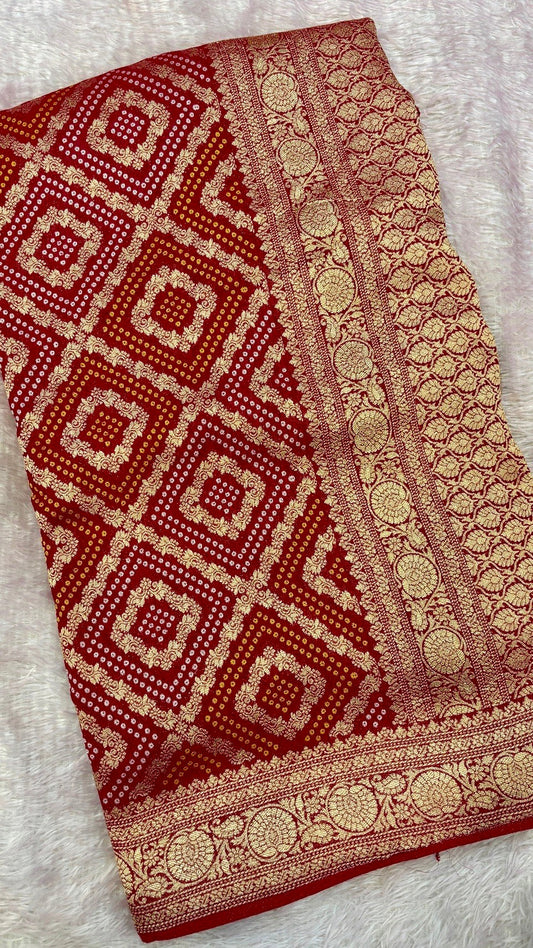 Traditional Khadi Georgette Banarasi Bandhej Saree (Red/Rani) 7