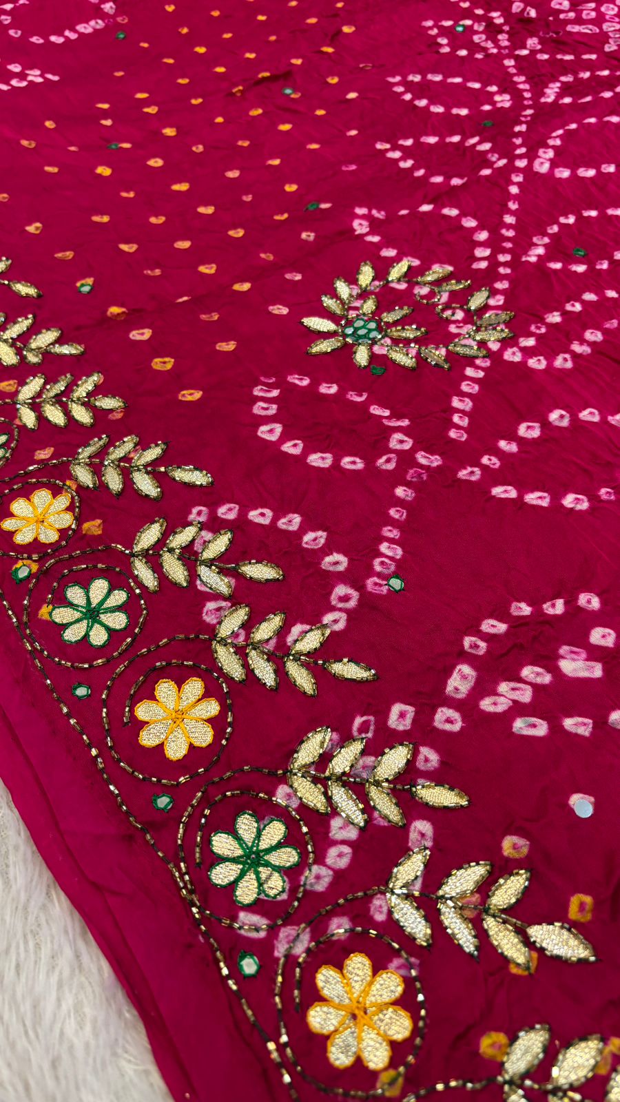 Pure Gaji Silk Handbandhej Gottapatti work Saree (Rani)