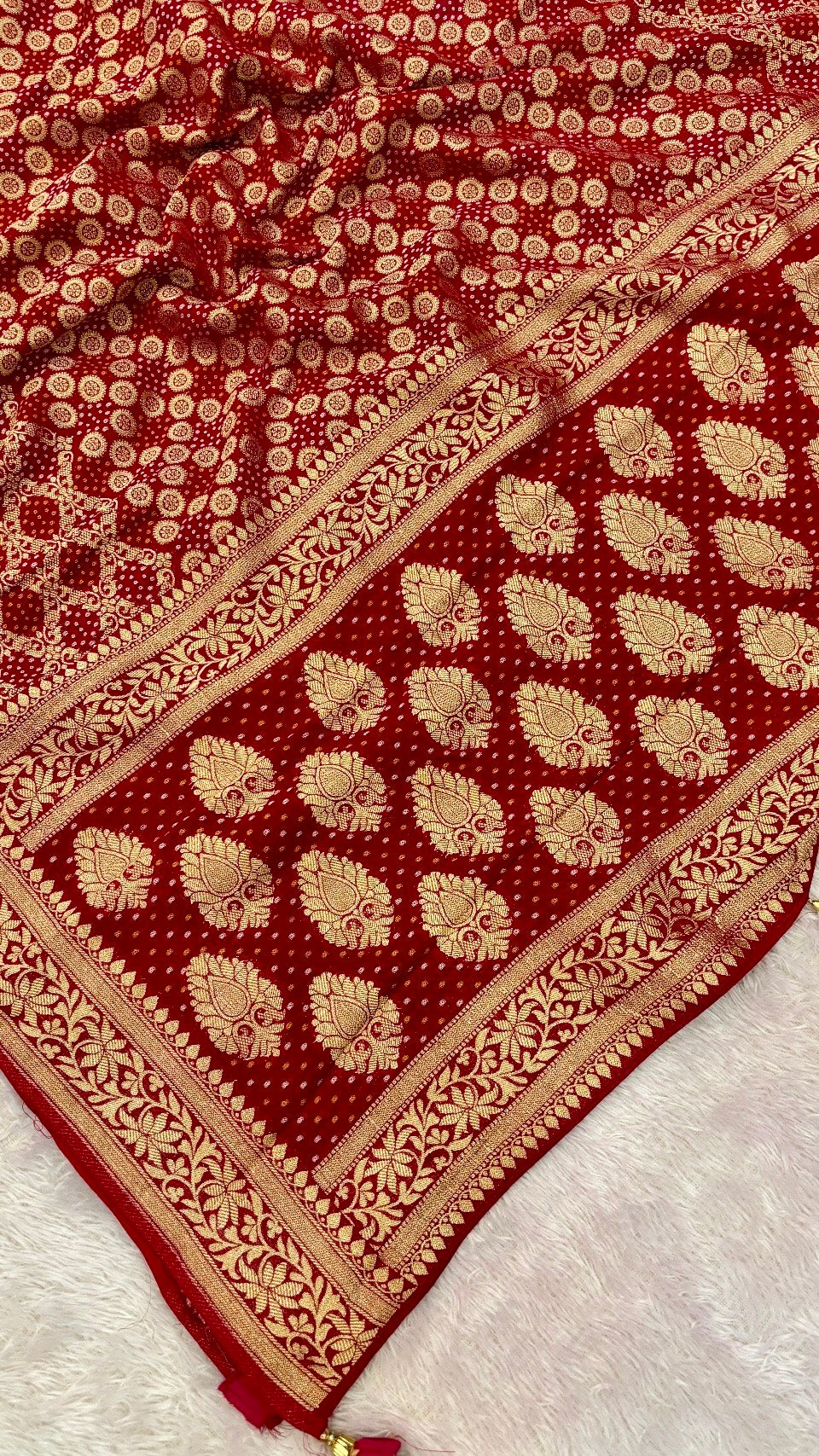 Traditional Khadi Georgette Banarasi Bandhej Saree (Red/Rani) 2