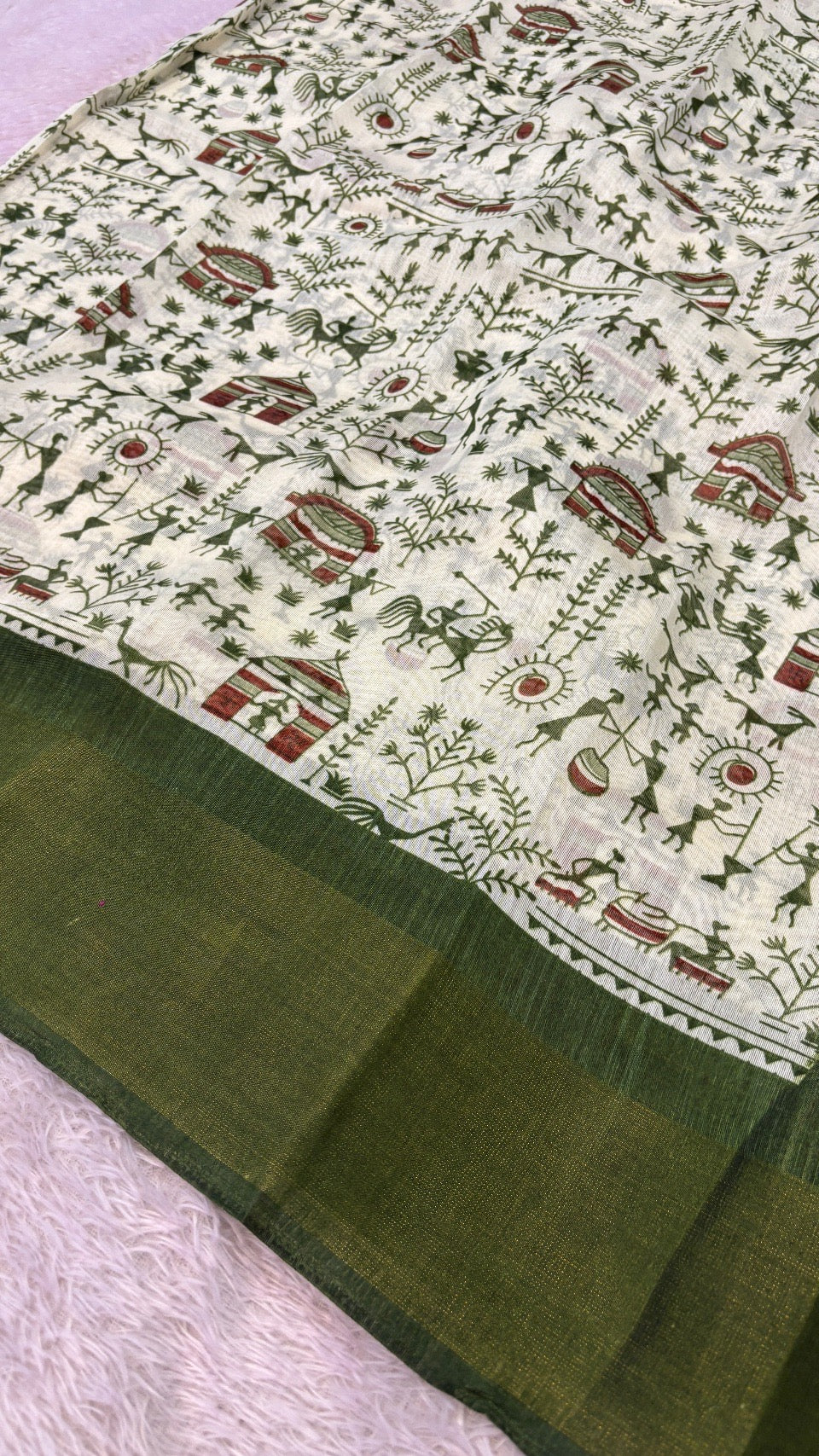 SUMMER SALE Warli Print Cotten Saree (Mehandi)