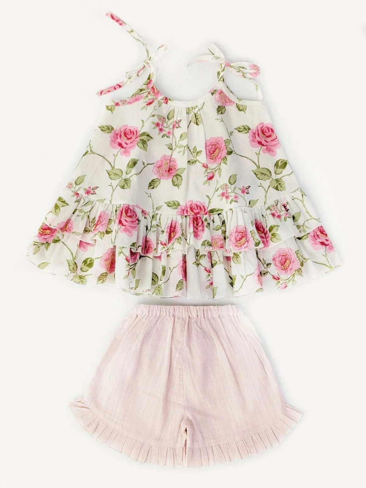 Creamy Rose Ruffled Cotton Summer Top Bottom Set