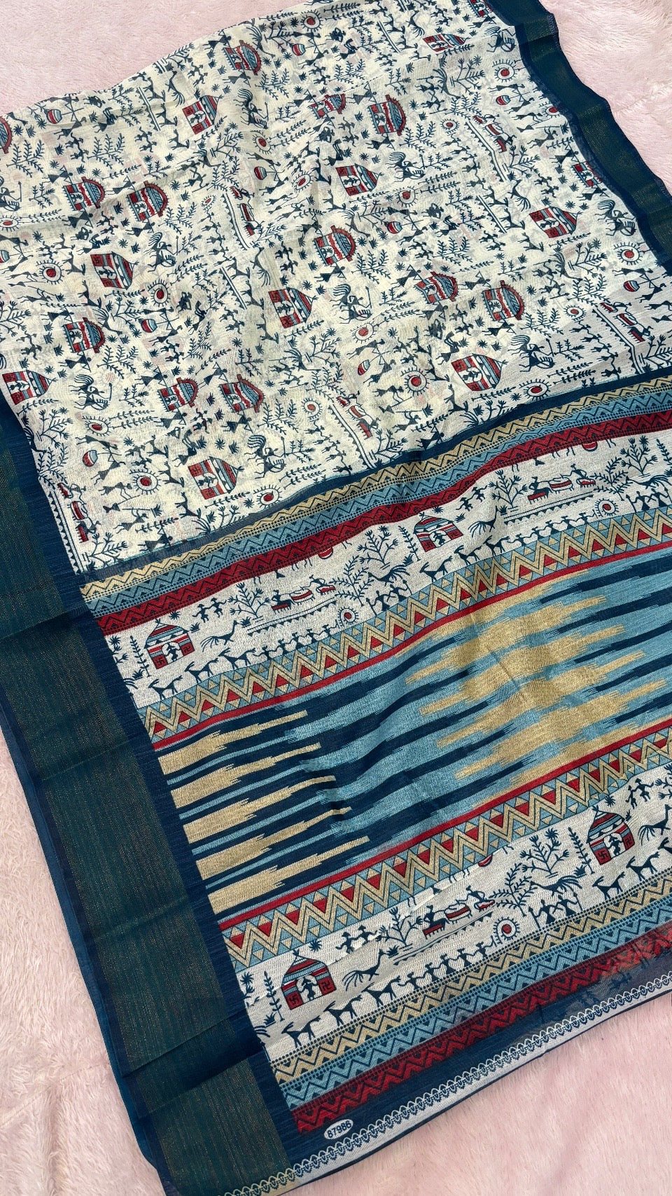 SUMMER SALE Warli Print Cotten Saree (Rama)