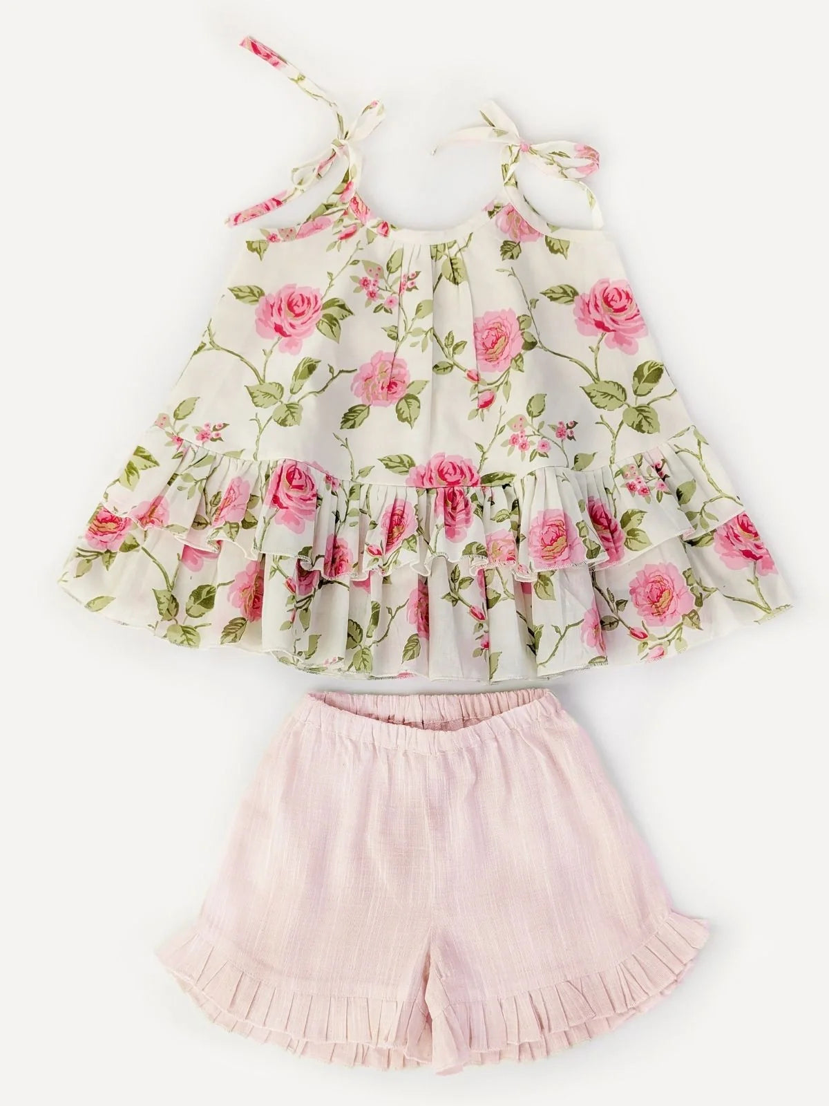 Creamy Rose Ruffled Cotton Summer Top Bottom Set