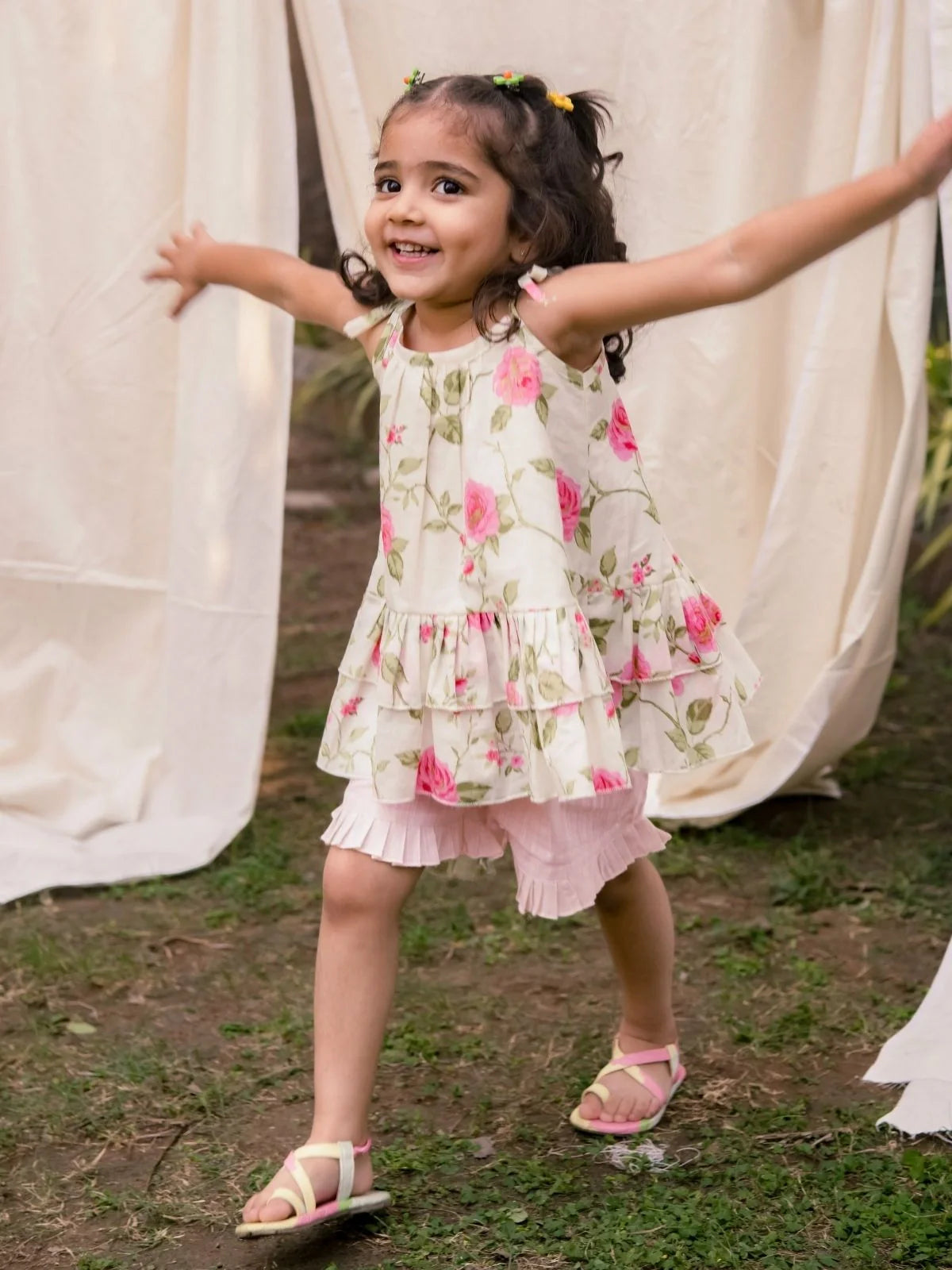 Creamy Rose Ruffled Cotton Summer Top Bottom Set