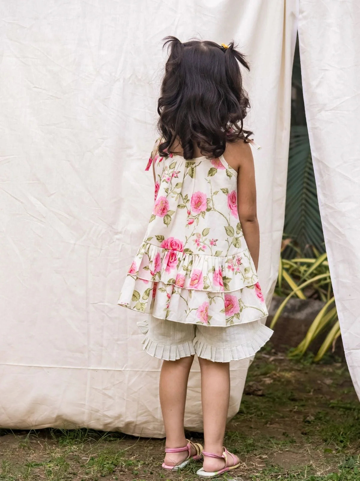 Creamy Rose Ruffled Cotton Summer Top Bottom Set