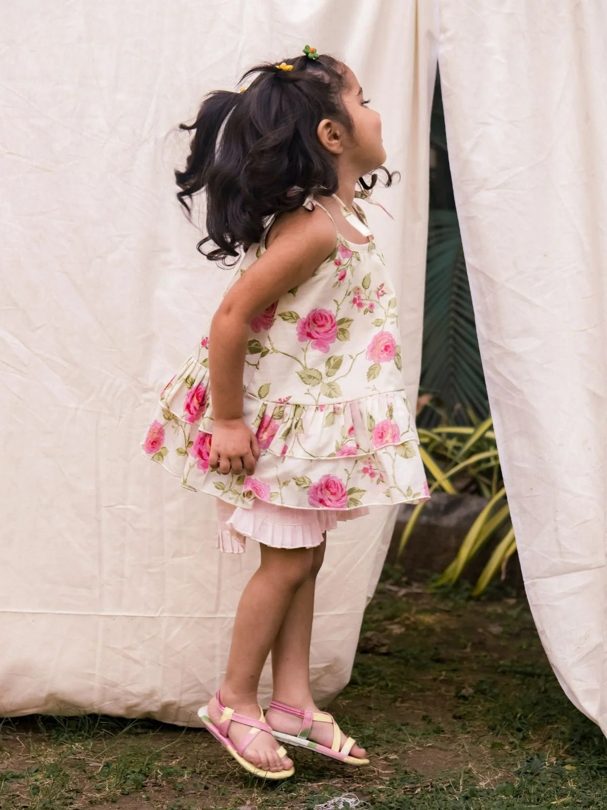 Creamy Rose Ruffled Cotton Summer Top Bottom Set