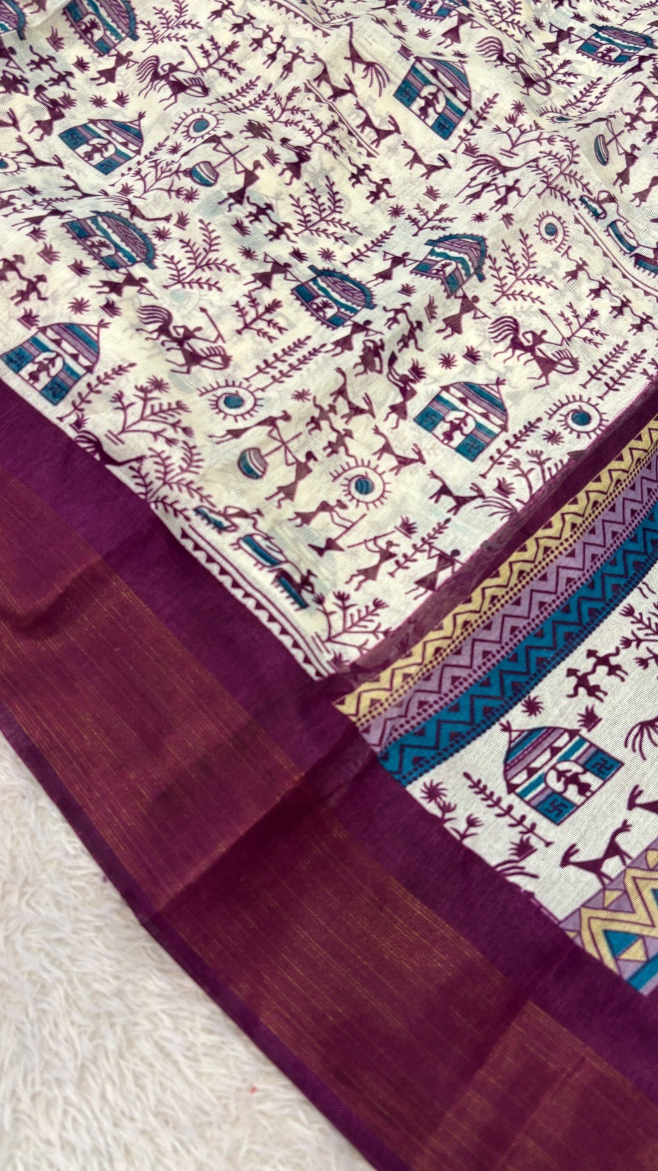 SUMMER SALE Warli Print Cotten Saree (Wine)