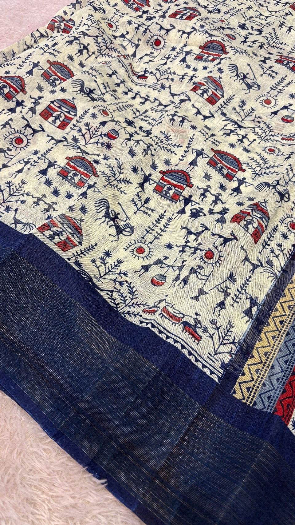 SUMMER SALE Warli Print Cotten Saree (Blue)