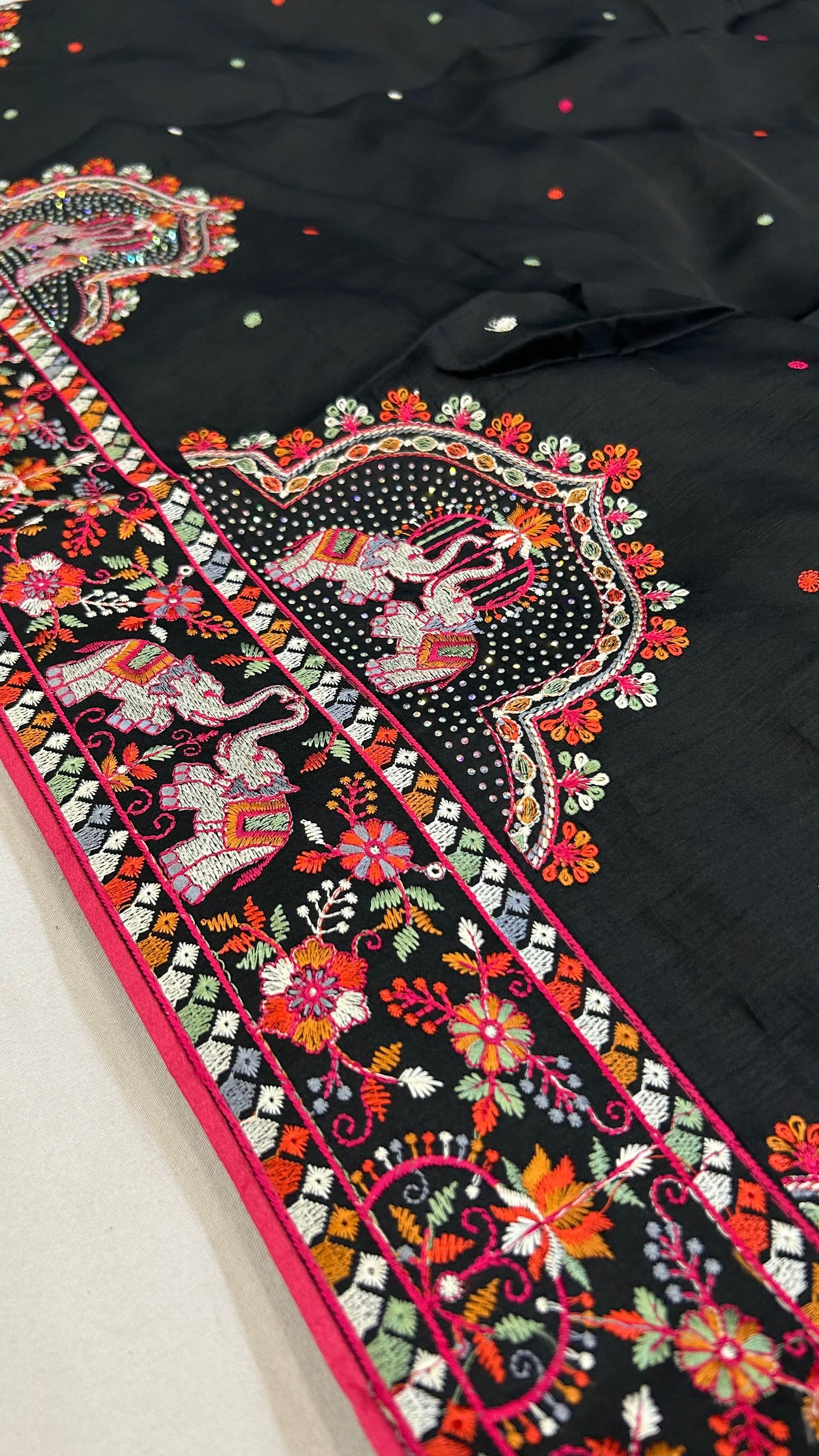 Kutchi Embroidery Black Saree