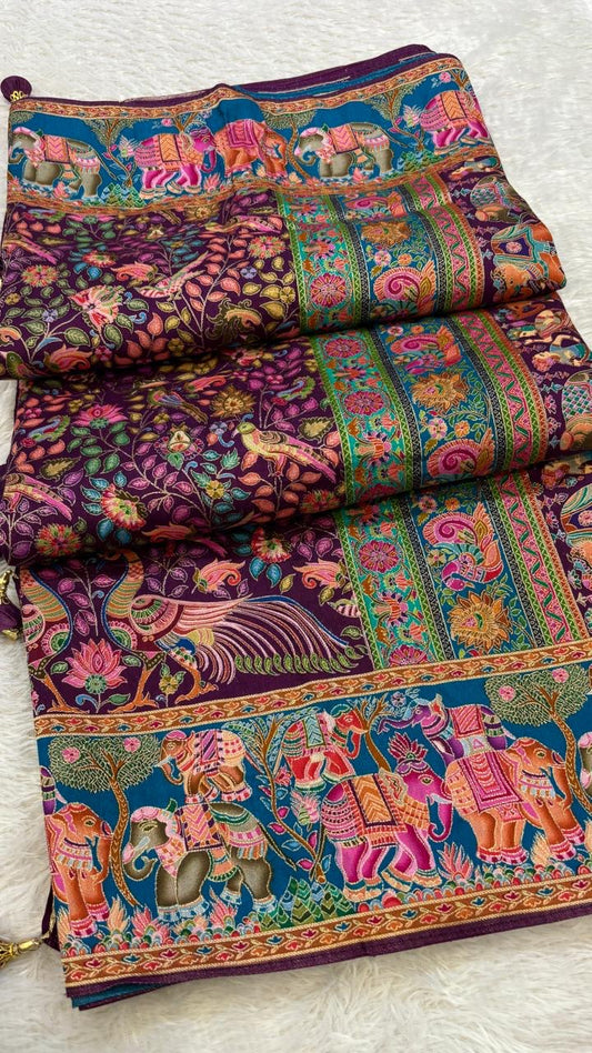 Pure Hand Weaving Kalamkari Saree (Wine Jaal)