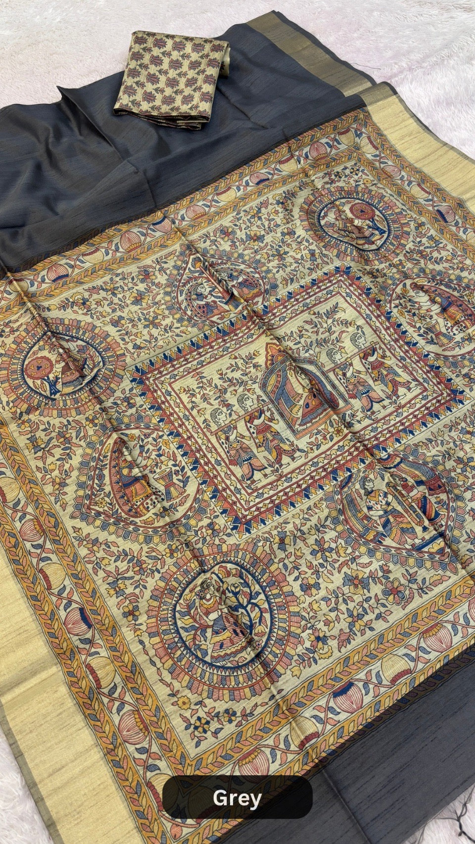 Madhubani Print Tusser Silk Saree