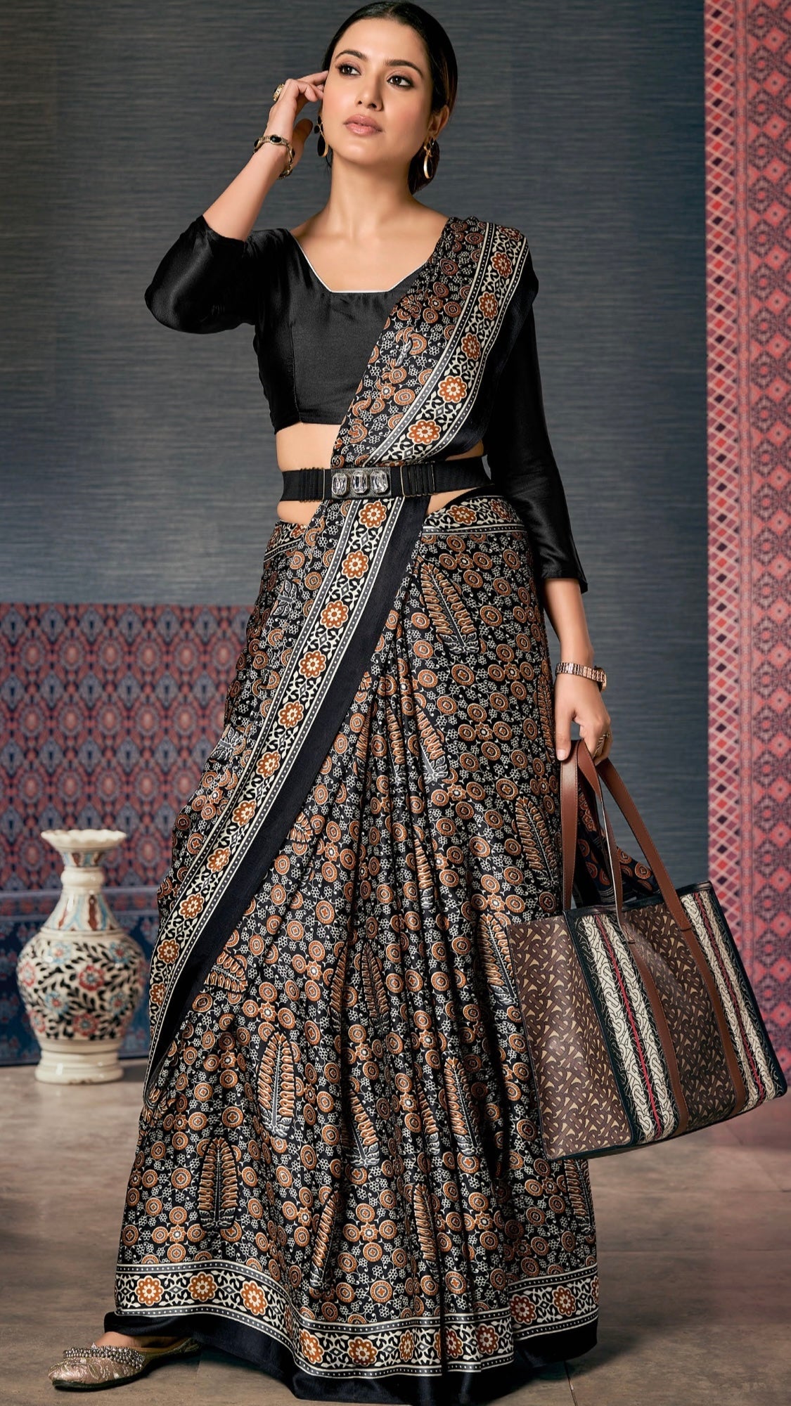 Pure Ajrakh Saree With Mirror Work D.No.04