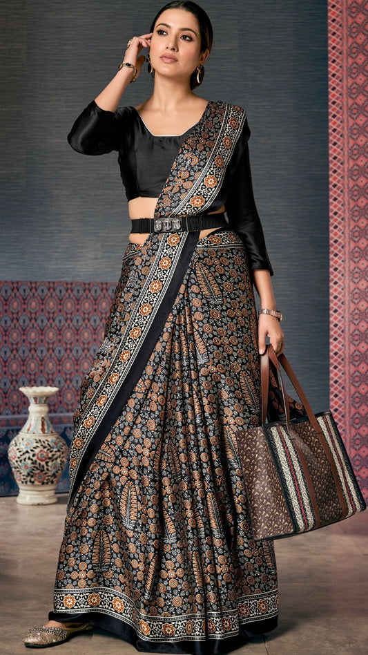 Pure Ajrakh Saree With Mirror Work D.No.04