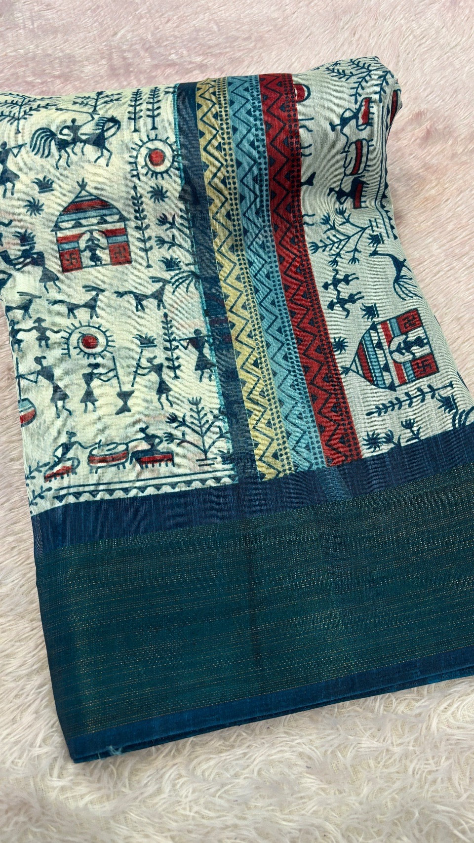 SUMMER SALE Warli Print Cotten Saree (Rama)