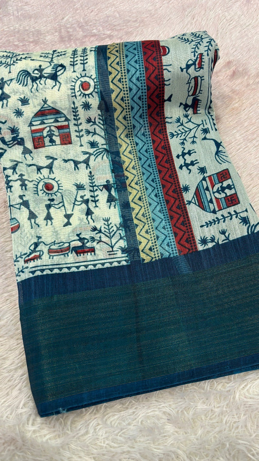 SUMMER SALE Warli Print Cotten Saree (Rama)