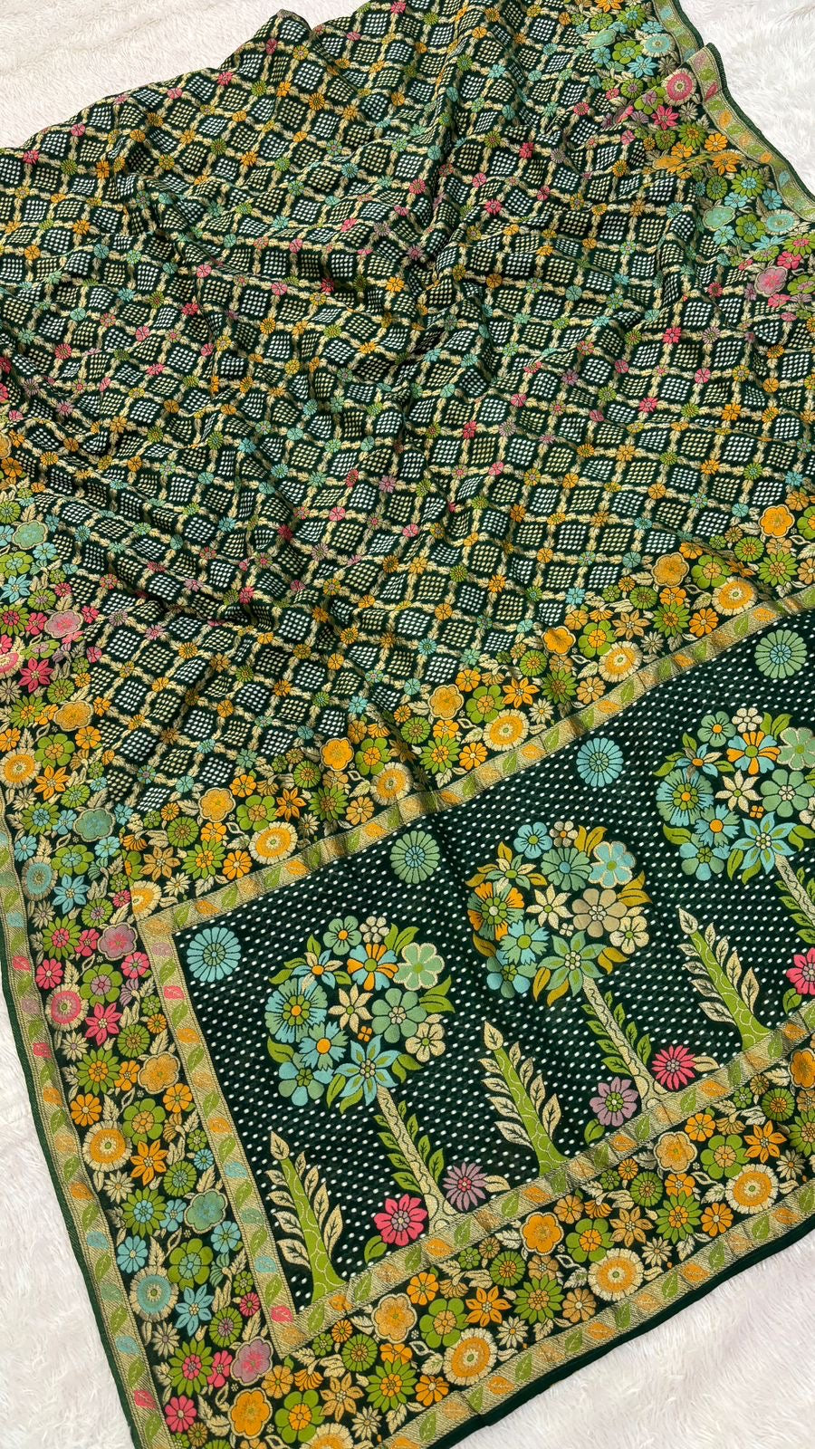 Original Minakari Bandhej Weaving Saree (Green Color)