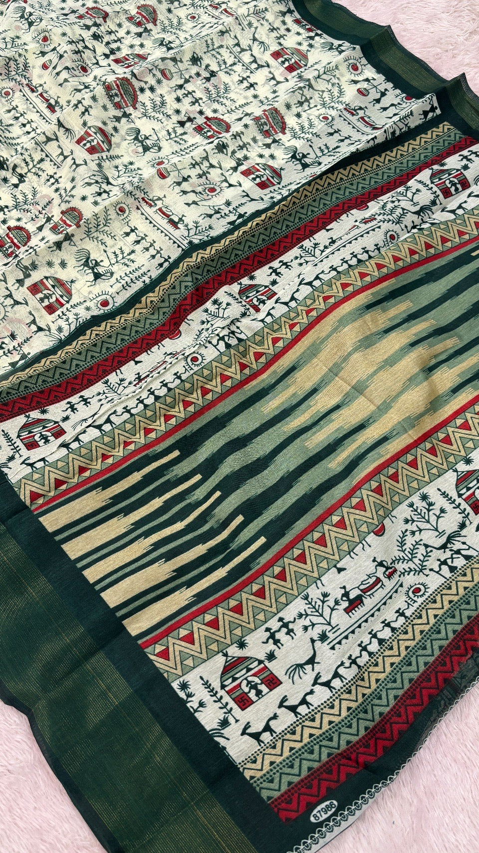 SUMMER SALE Warli Print Cotten Saree (Green)