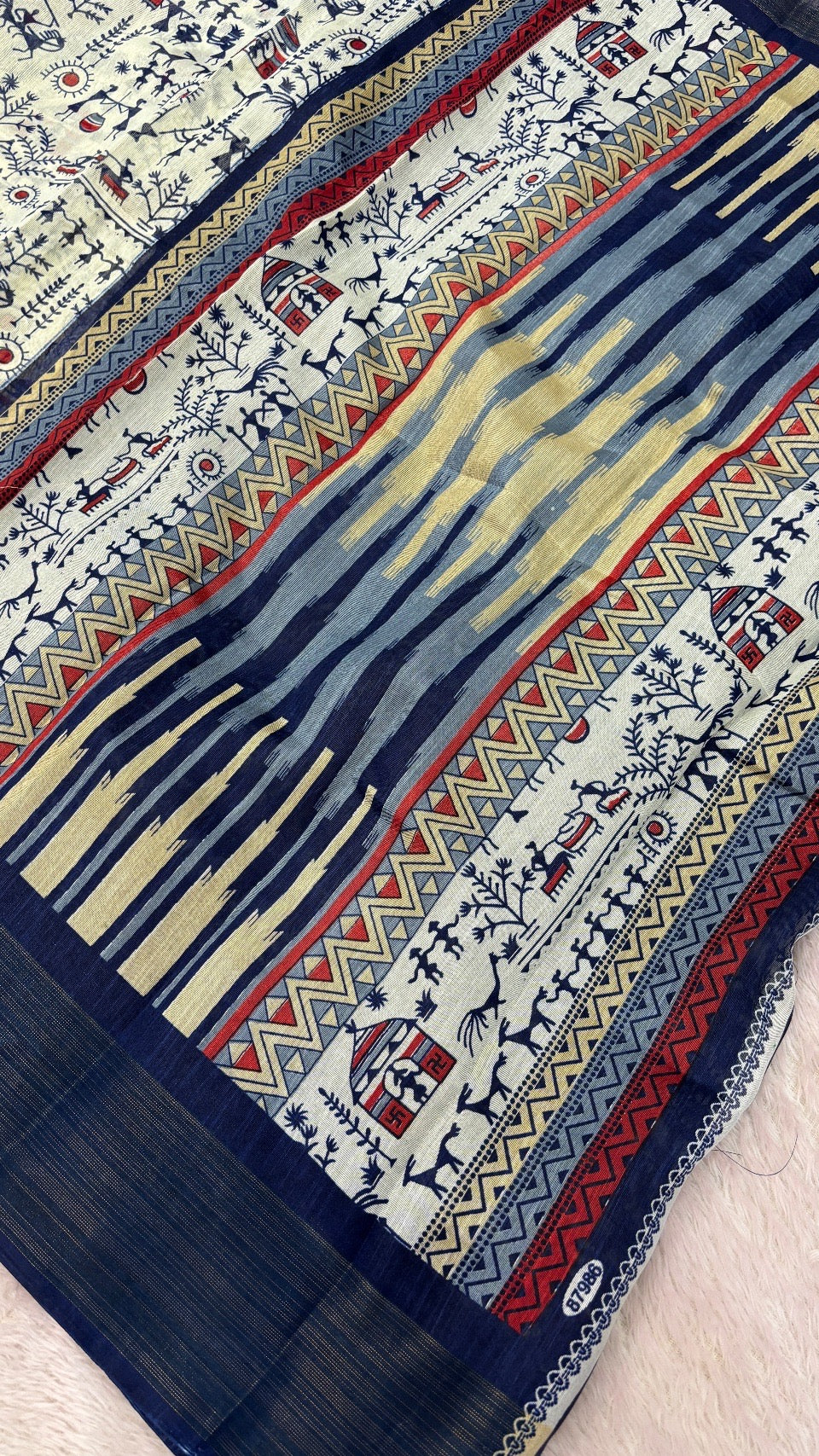 SUMMER SALE Warli Print Cotten Saree (Blue)