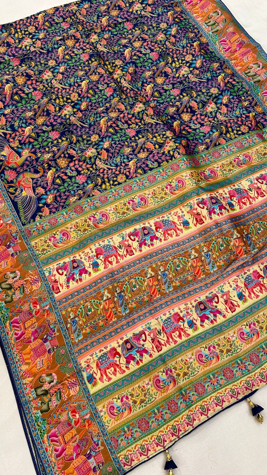 Pure Hand Weaving Kalamkari Saree (Blue Jaal)