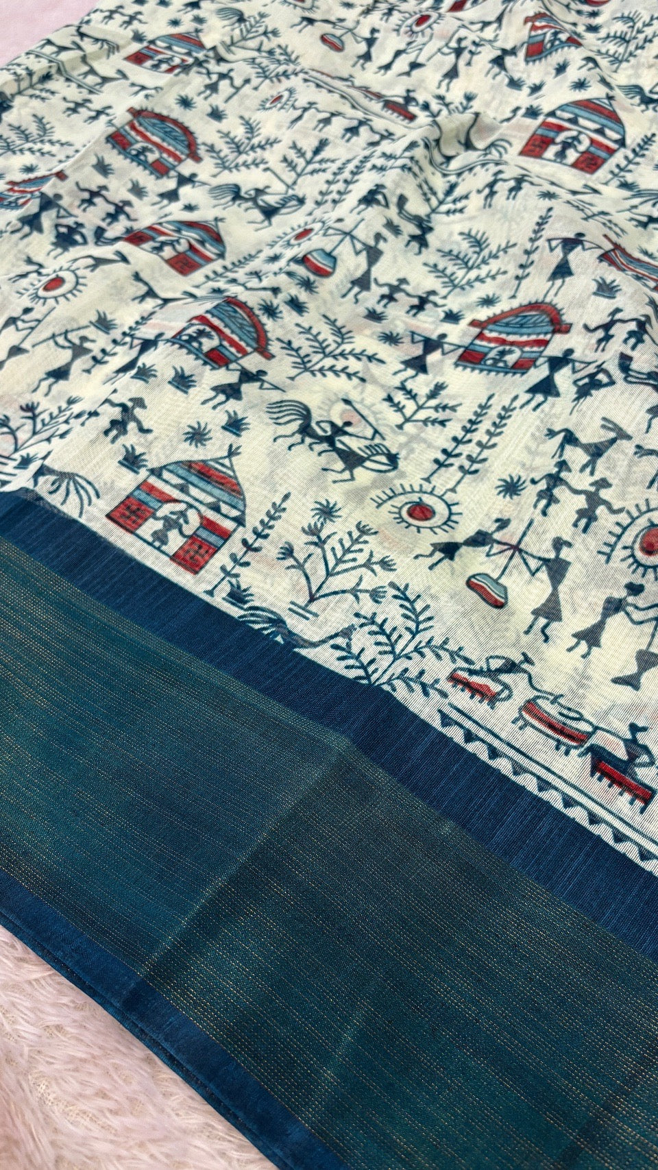 SUMMER SALE Warli Print Cotten Saree (Rama)