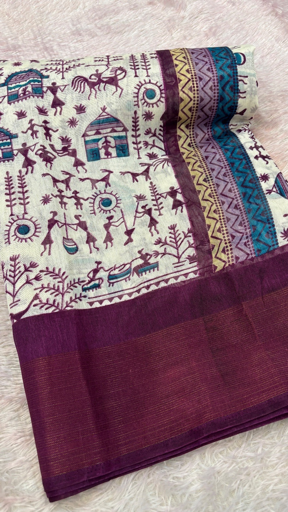 SUMMER SALE Warli Print Cotten Saree (Wine)